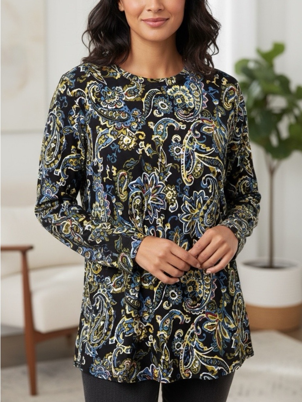 Jones NY Black Paisley 3/4 Sleeve Tunic XL